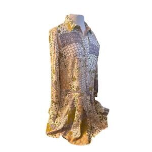 Women M Mystree Button-Up Swing Tunic Shirt Top Mini Dress Floral Patchwork